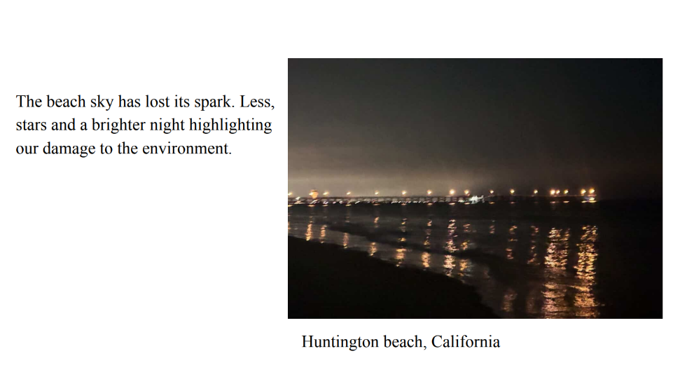 Photo of a pier at night, with lights reflecting of the water. Caption: Huntington Beach, California. Text: The beach sky has lost its spark. Less, 
stars and a brighter night highlighting 
our damage to the environment.